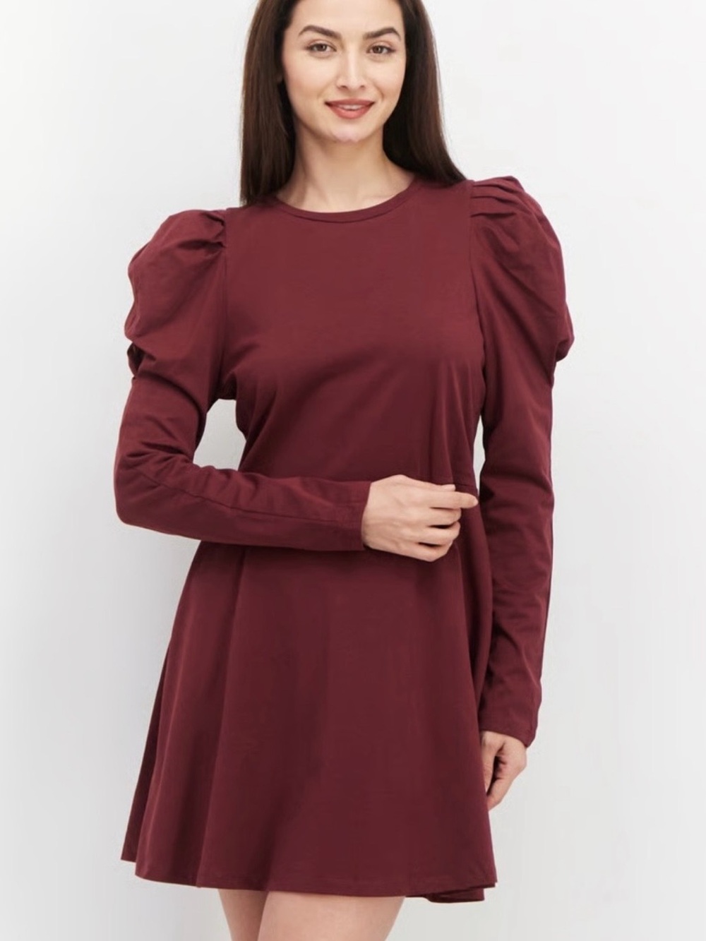English Factory Burgundy Puff Sleeve A-Line Dress